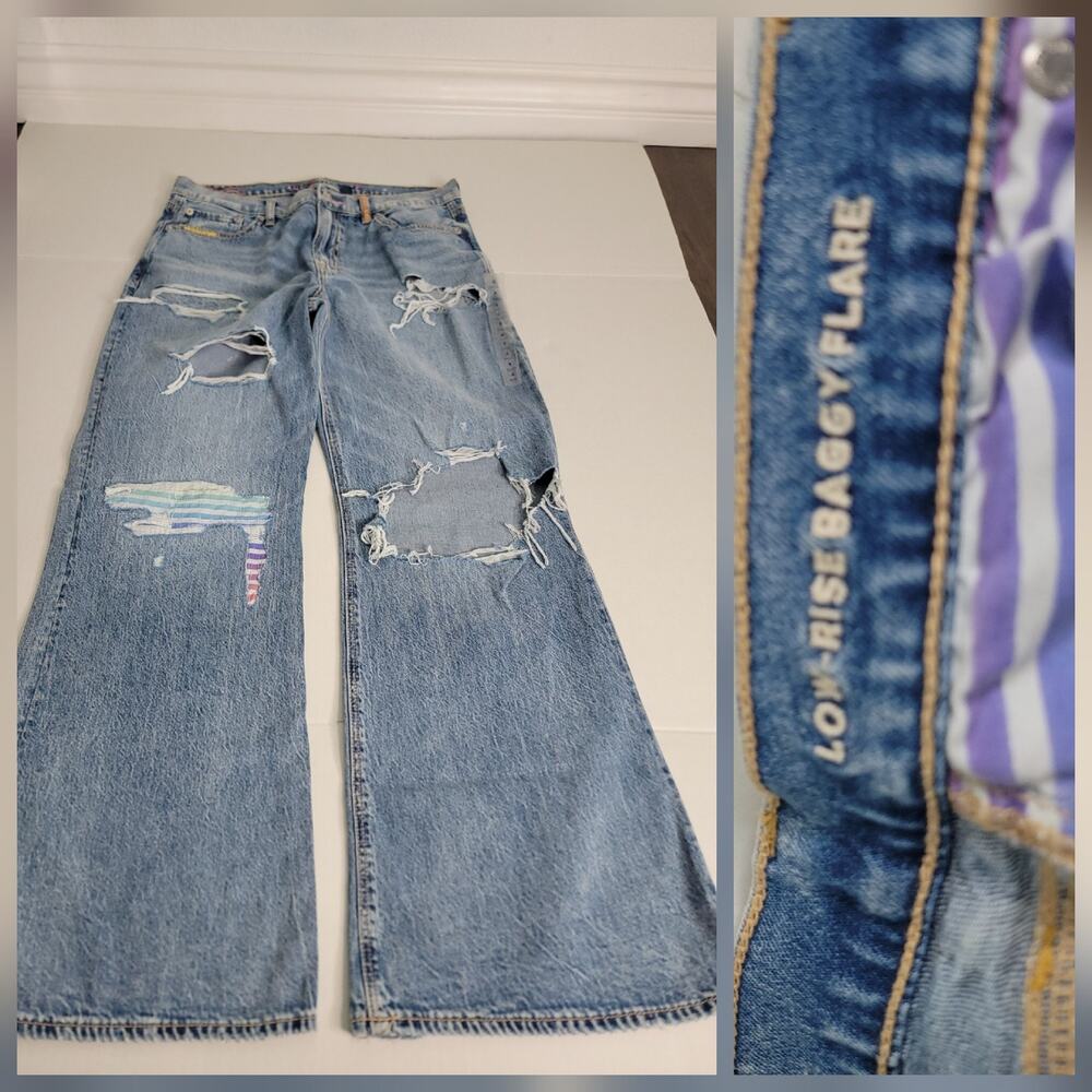 American Eagle Jeans Sz 4 Short Pride Low Rise Baggy Flare Rainbow